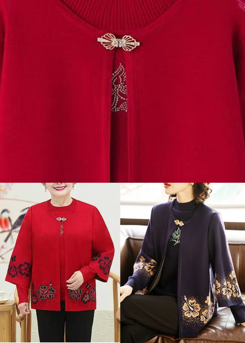 Red O-neck Zircon Cotton Knit Coats and Sweaters Two Pieces Set Fall