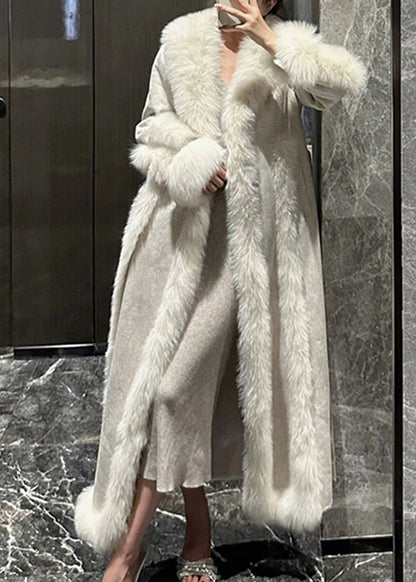 Style White Fox Collar Patchwork Pockets Leather and Fur Long Coats Winter