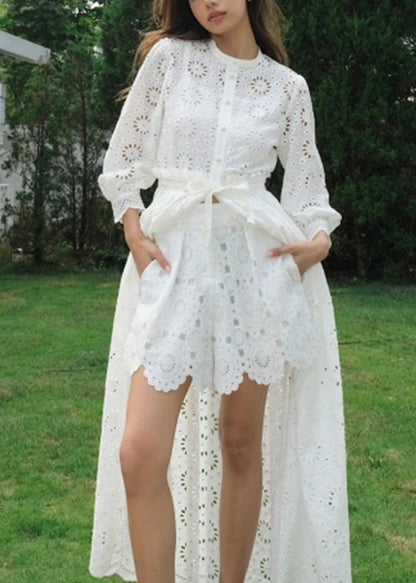 White Hollow Out Lace Two Piece Suit Set Fall