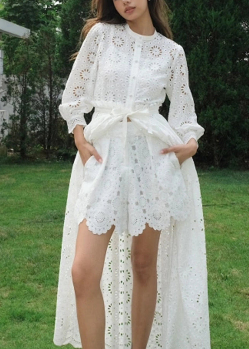 White Hollow Out Lace Two Piece Suit Set Fall
