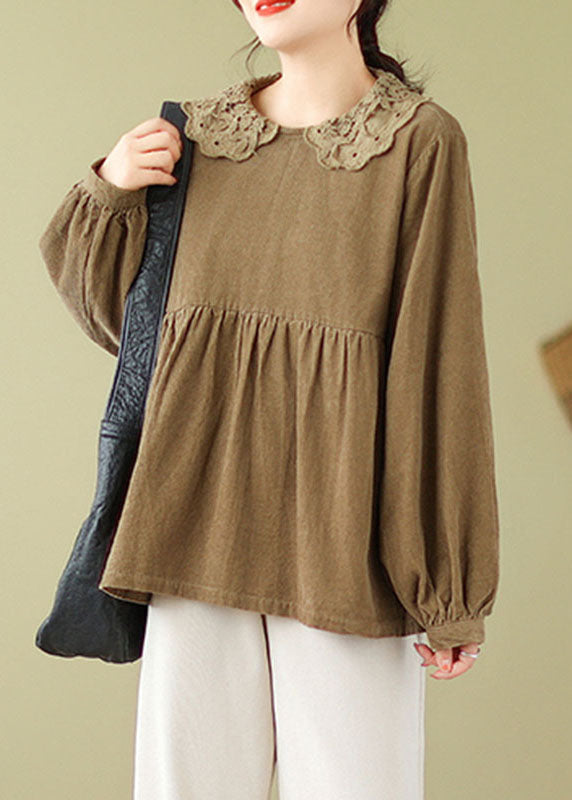 Khaki Lace Patchwork Wrinkled Tops Long Sleeve