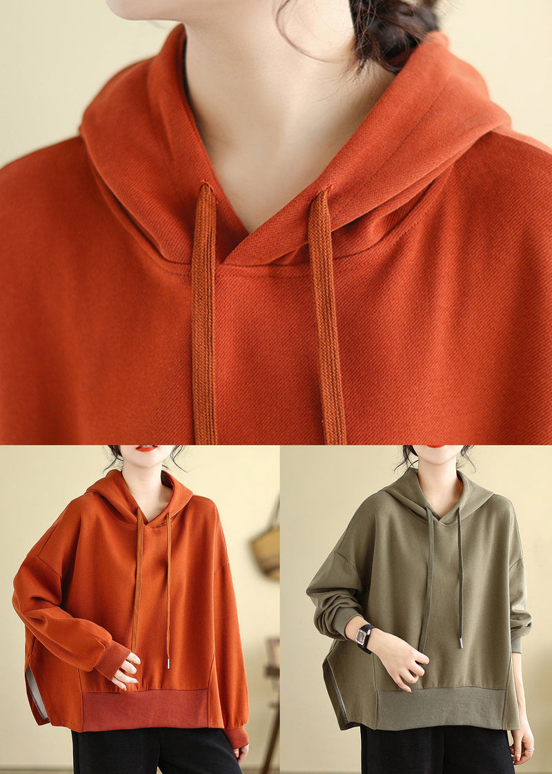 Brown Hooded Side Open Cotton Sweatshirts Fall
