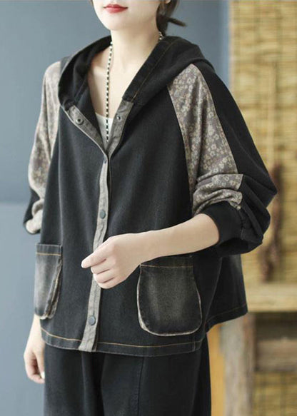 Black Print Button Hooded Denim Coat Long Sleeve Spring