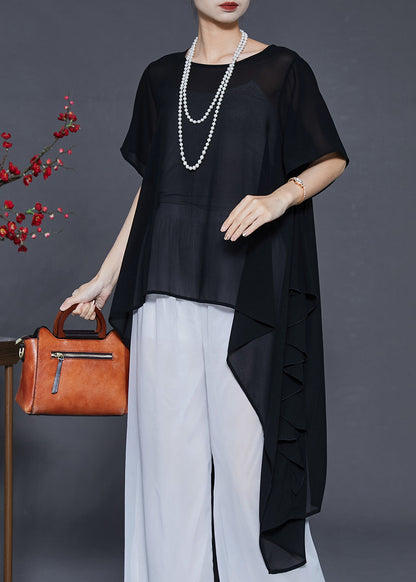Black Asymmetrical Chiffon Shirts Summer