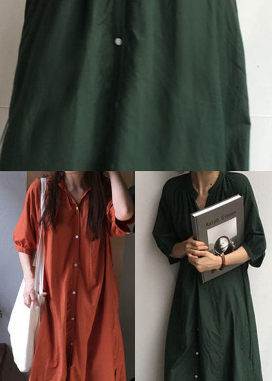 Tea Green Side Open Cotton Shirt Long Dress Half Sleeve