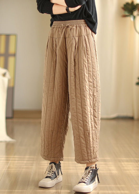 Khaki Pockets Fine Cotton Filled Pants Elastic Waist Winter