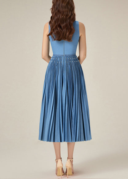 Original Blue V Neck Wrinkled Pearl Denim Long Dress Sleeveless