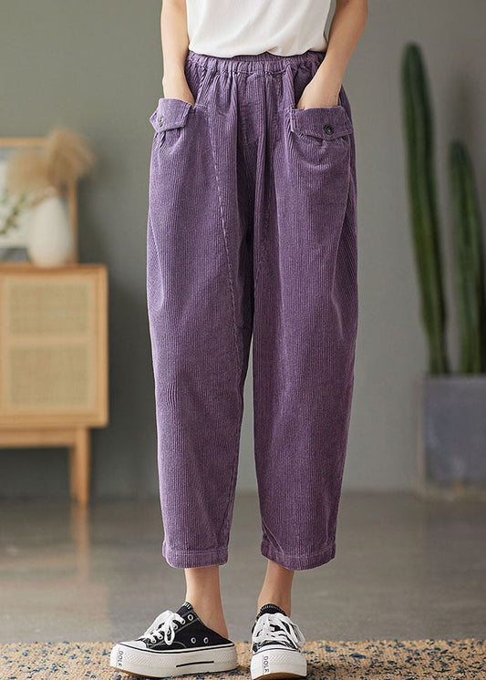 Purple Elastic Waist Pockets Corduroy Pants Spring