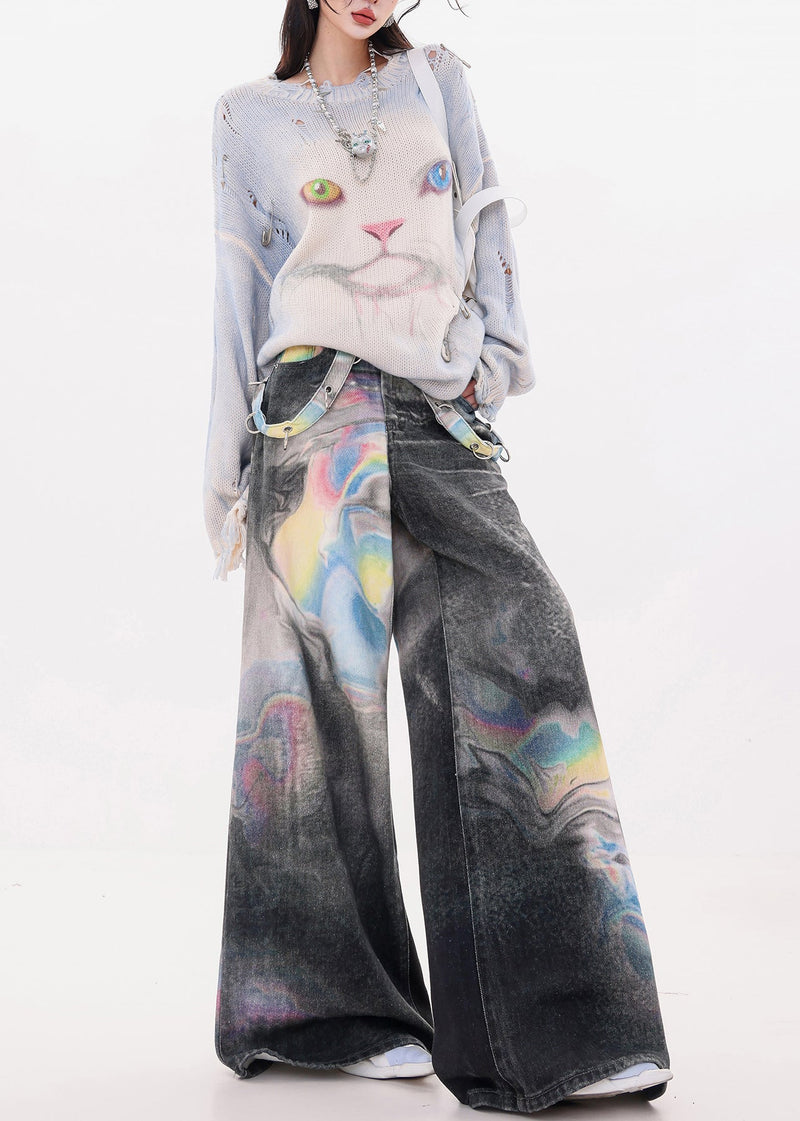 Black Oversized Tie Dye Denim Wide Leg Pants Fall