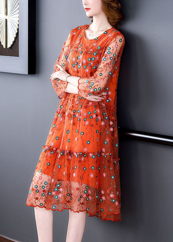 Classy Orange O-neck Embroideried Tulle Vacation Dresses Bracelet Sleeve