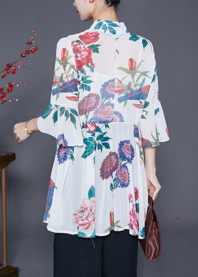 White Asymmetrical Print Chiffon Shirts Flare Sleeve