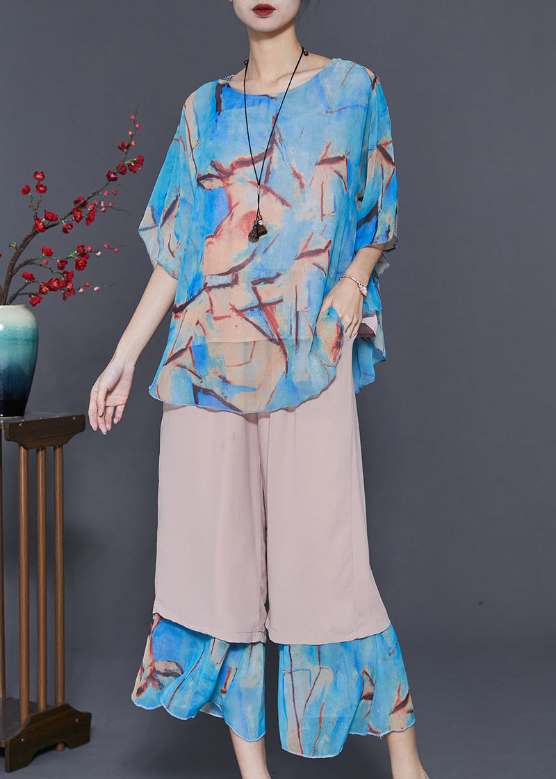 Blue Patchwork Chiffon Sets 2 Pieces Oversized Summer