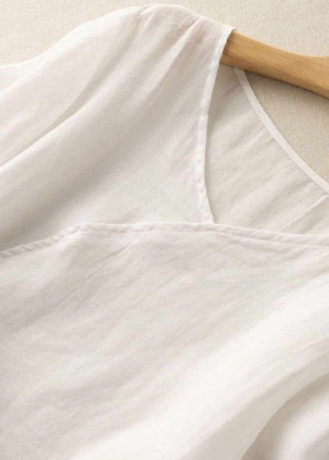 White V Neck Button Patchwork Linen Shirt Top Summer