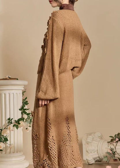 Dark Khaki Lace Up Hollow Out Knit Two Piece Set Spring
