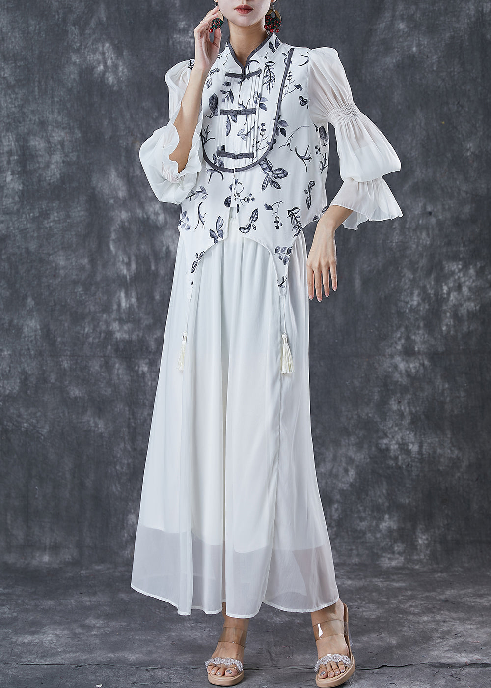 Silm Fit White Tasseled Print Chiffon Sets 2 Pieces Spring
