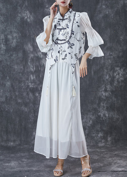 Silm Fit White Tasseled Print Chiffon Sets 2 Pieces Spring