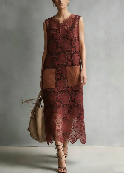 New Coffee Embroidered Hollow Out Lace Dresses Sleeveless Summer