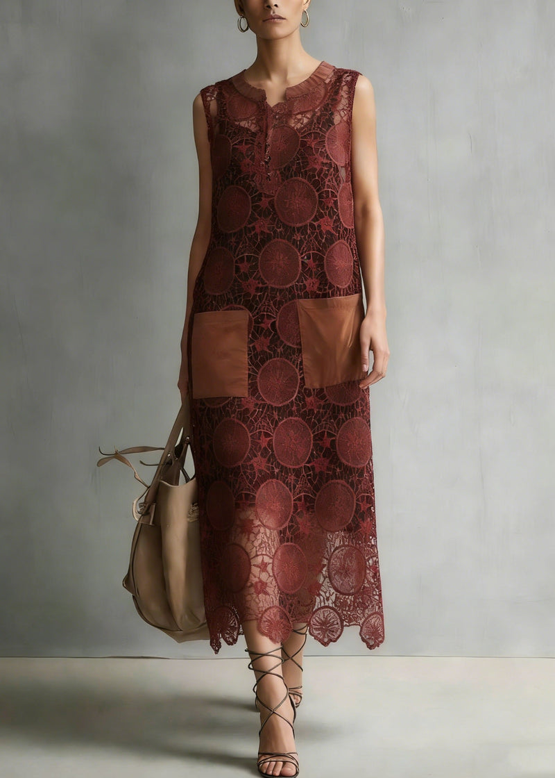 New Coffee Embroidered Hollow Out Lace Dresses Sleeveless Summer