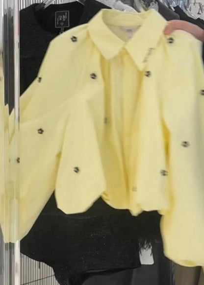 Loose Yellow Peter Pan Collar Cotton Shirt Puff Sleeve Spring