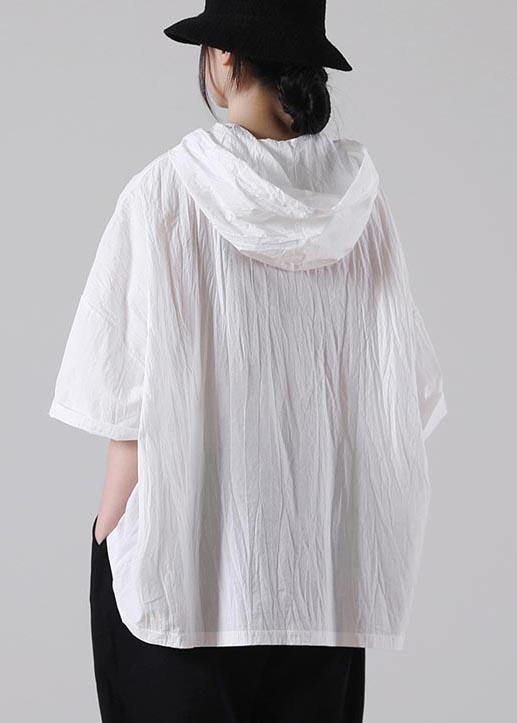 White Hooded Cotton Tops Summer