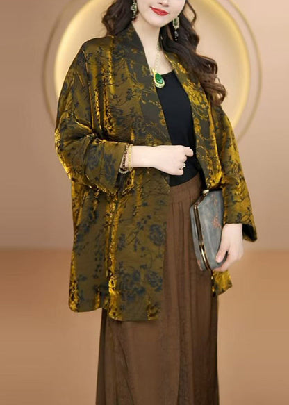 Gold V Neck Jacquard Silk Cardigan Fall