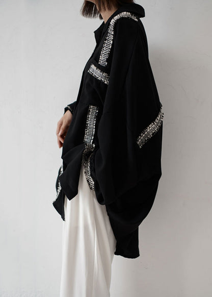 Black Button Pockets Patchwork Chiffon Shirt Fall