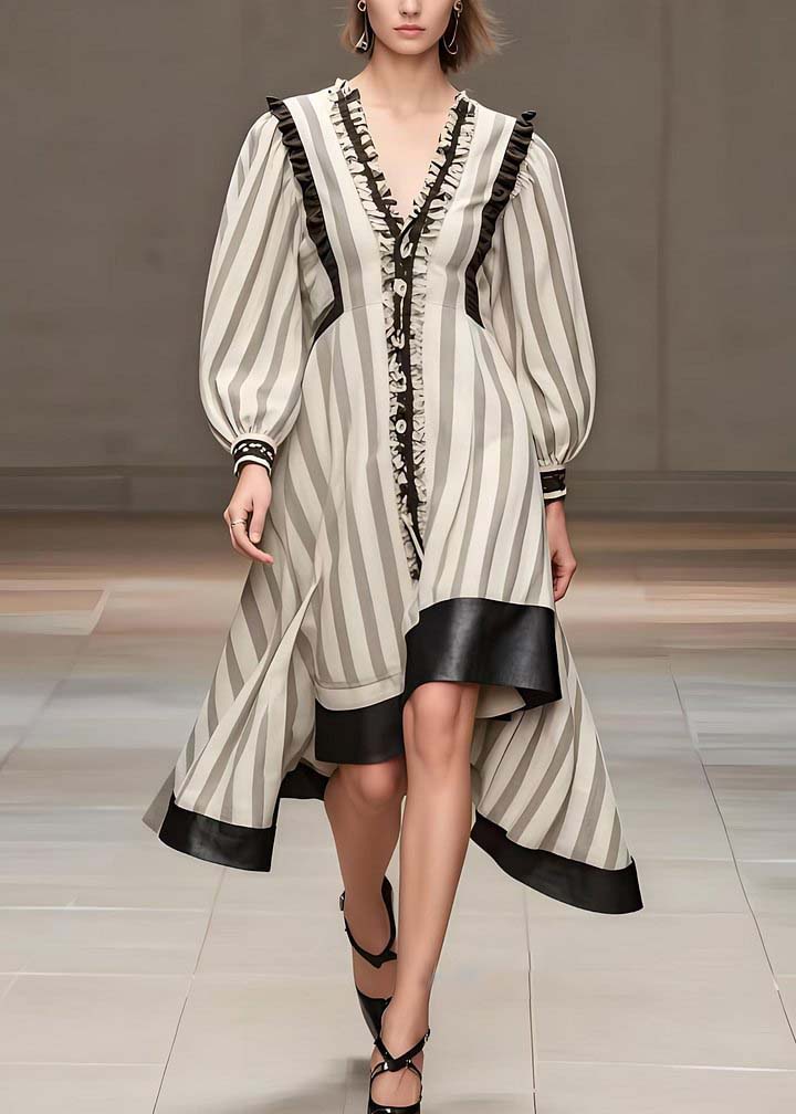 White Ruffled Patchwork Striped Cotton Dress Spring (ships in 15 Business Days)