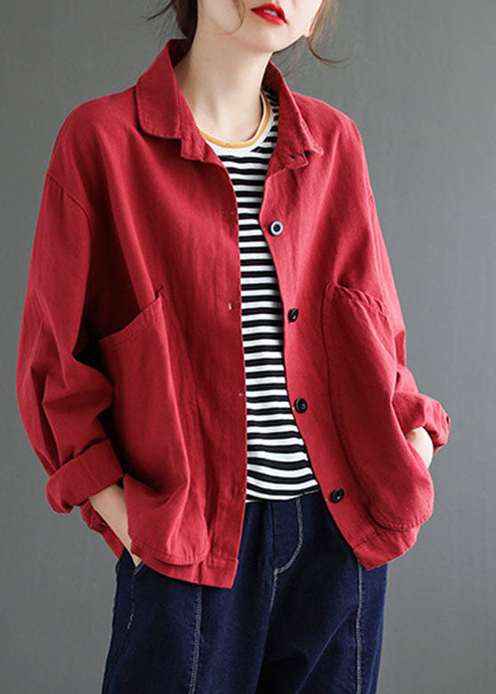 Red Button Peter Pan Collar Coats Long Sleeve