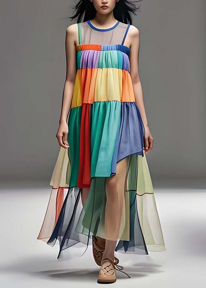 Loose Colorblock O Neck Tulle Patchwork Cotton Dresses Sleeveless