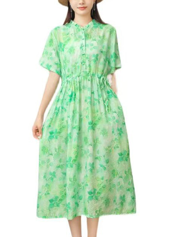 Pink Print Ruffled Patchwork Drawstring Silk Linen Long Dress Short Sleeve