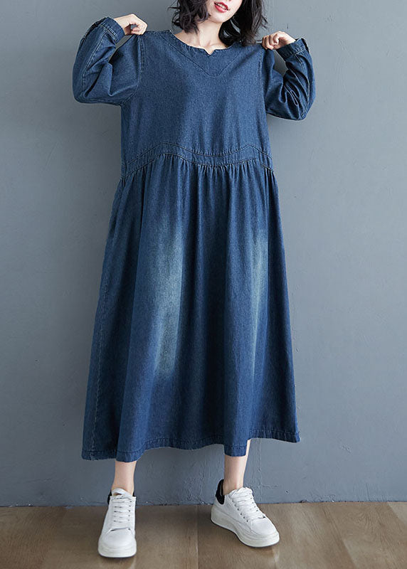 Blue V-neck Pockets Wrinkled Patchwork Denim Dress Spring