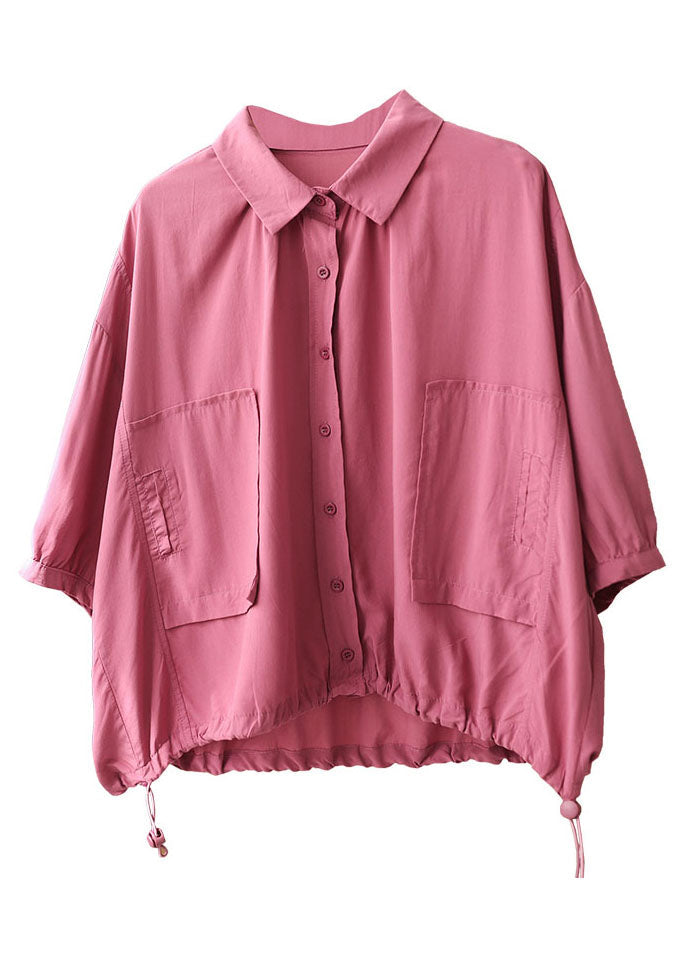 Rose Peter Pan Collar Drawstring Pockets Shirt Top Bracelet Sleeve