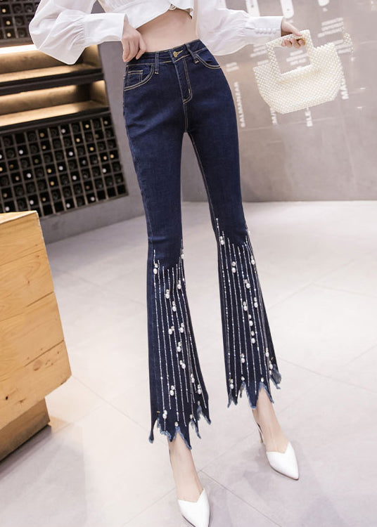 Blue High Waist Button Tassel Crop Jeans Spring
