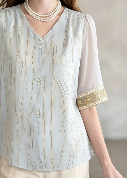Blue V Neck Patchwork Shirt Summer