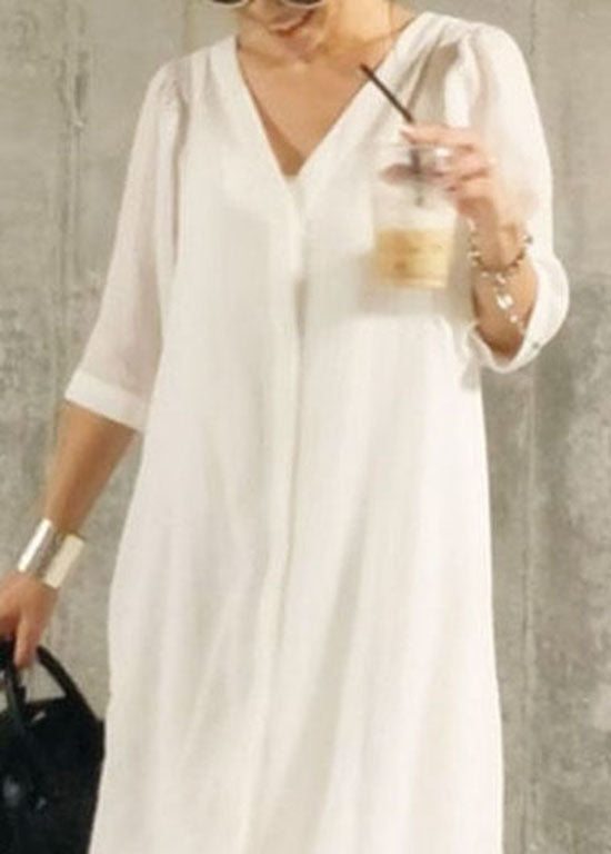 Simple White O-neck Patchwork Cotton Two Piece Set Summer