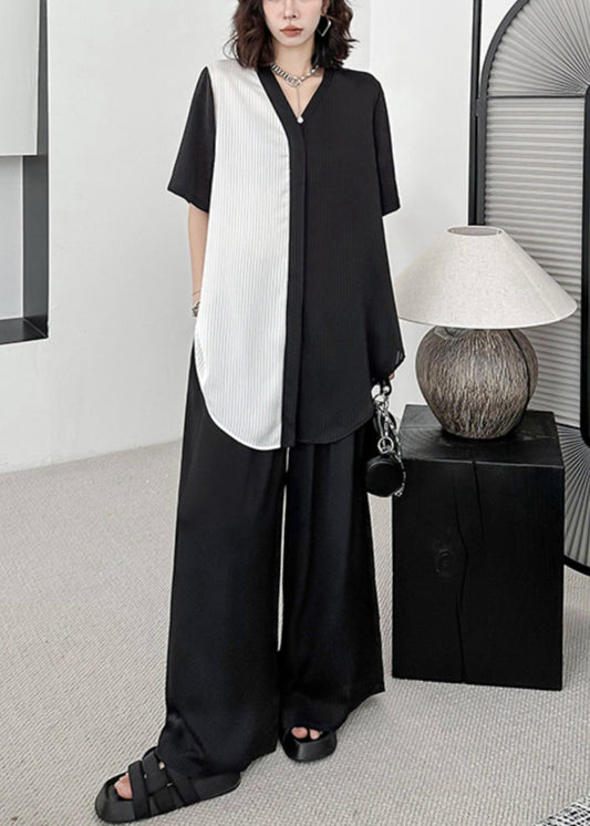 Black V Neck Asymmetrical Patchwork Cotton Two-piece Set Summer