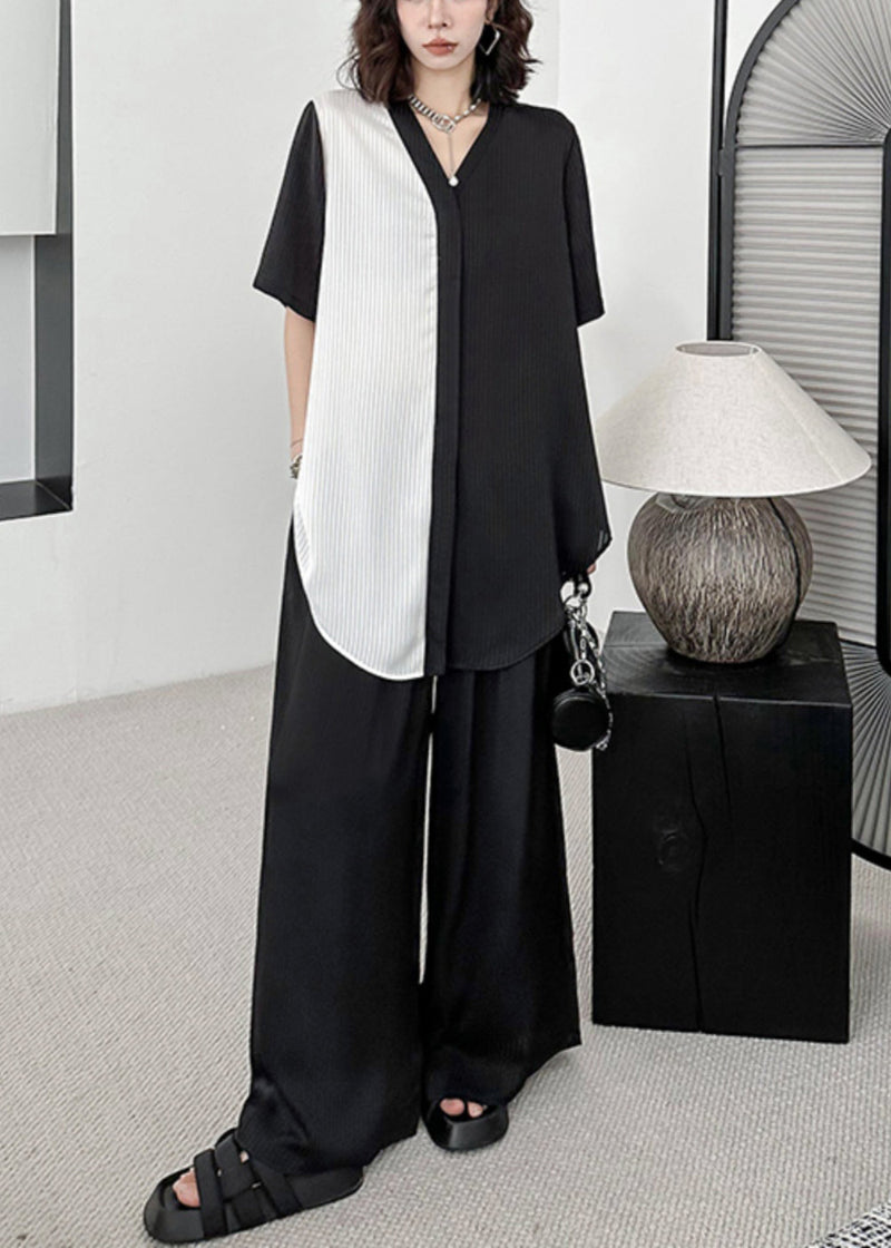 Black V Neck Asymmetrical Patchwork Cotton Two-piece Set Summer