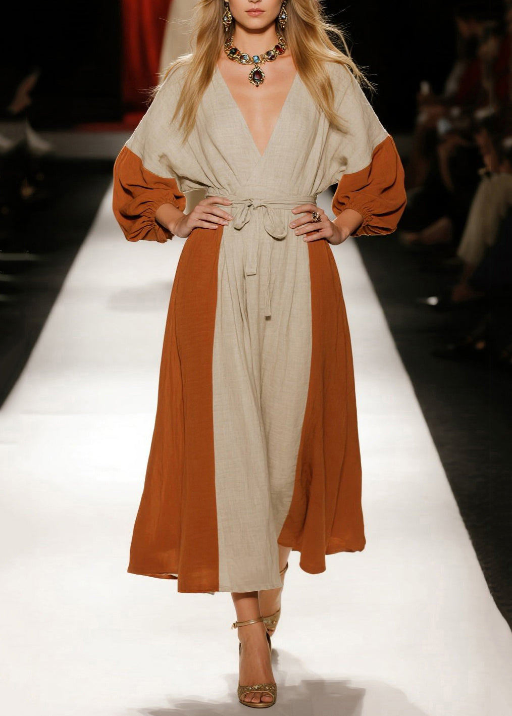 Orange Tie Waist Patchwork Linen Holiday Dress Spring