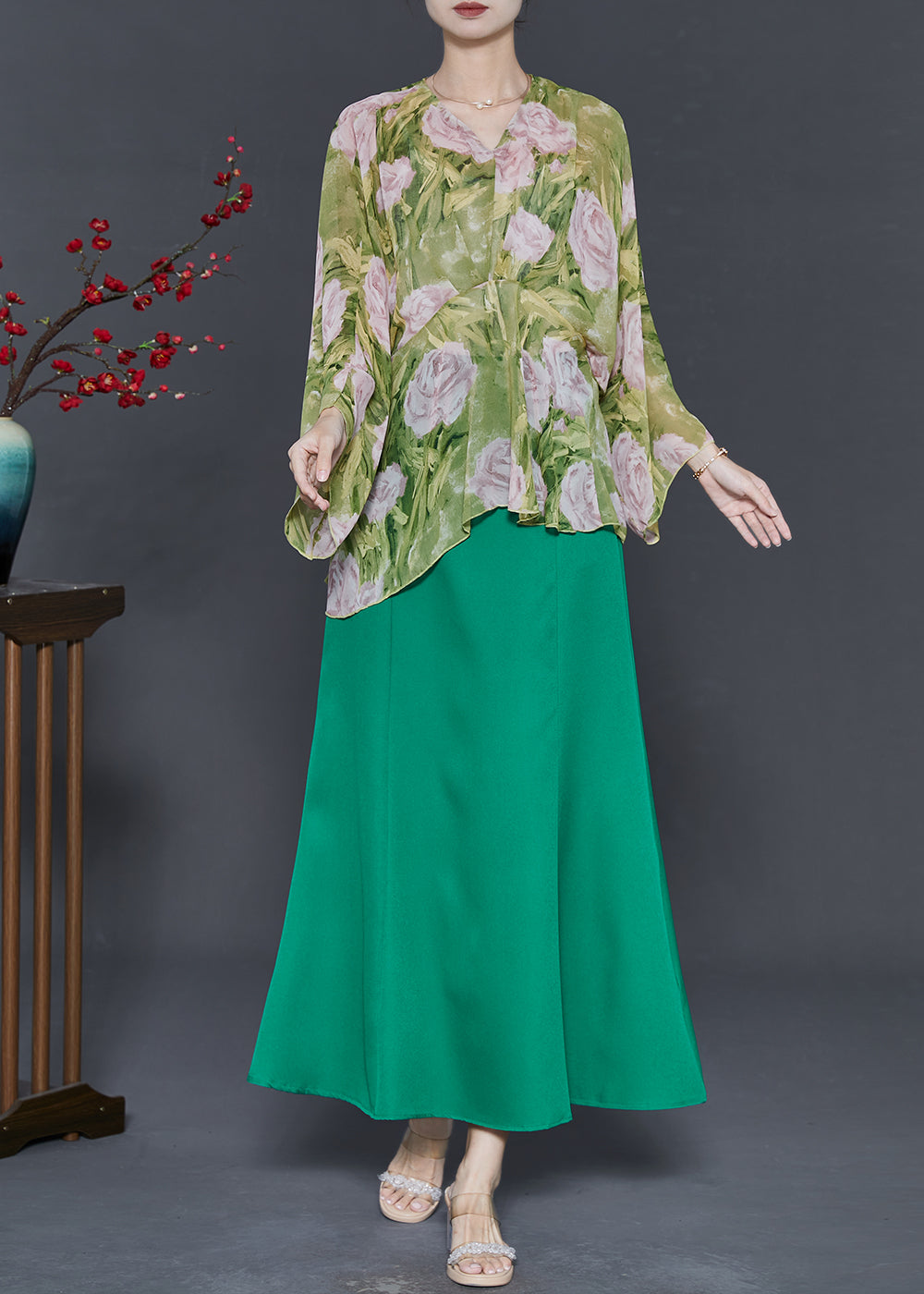 Organic Green Oversized Print Chiffon Sets 2 Pieces Fall