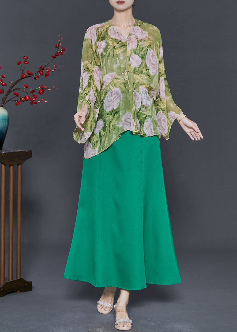 Organic Green Oversized Print Chiffon Sets 2 Pieces Fall