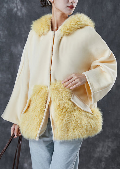 Yellow Patchwork Woolen Coats Hooded Pockets Spring