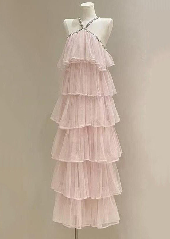 Pink Zircon High Waist Tulle Long Dress Sleeveless