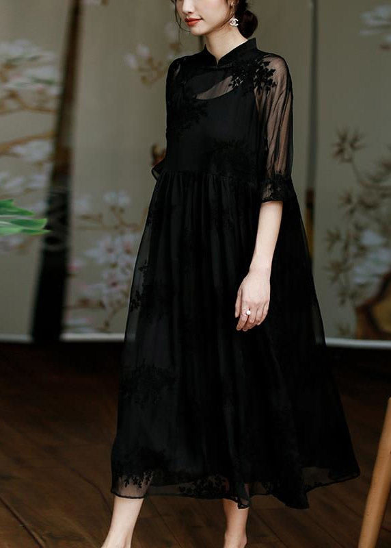 Natural Black Stand Collar Embroideried Button Tulle Long Dress Half Sleeve