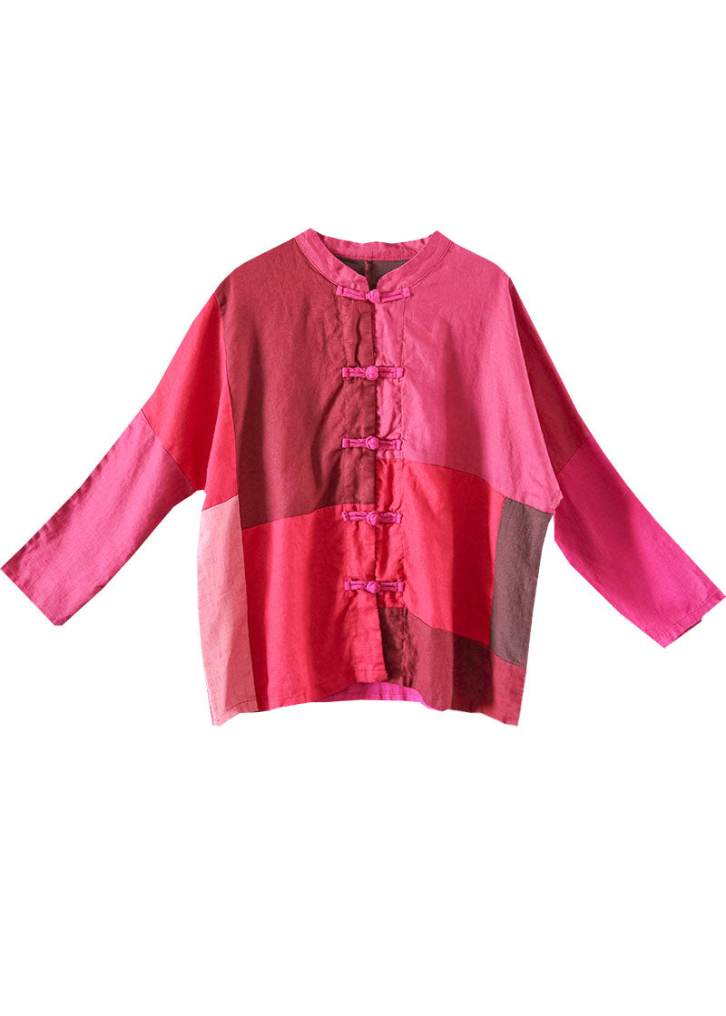 Mulberry Stand Collar Patchwork Oriental Button Linen Shirt Top Spring