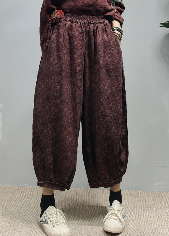 Handmade Red Elastic Waist Pocket Print Linen Lantern Pants Spring