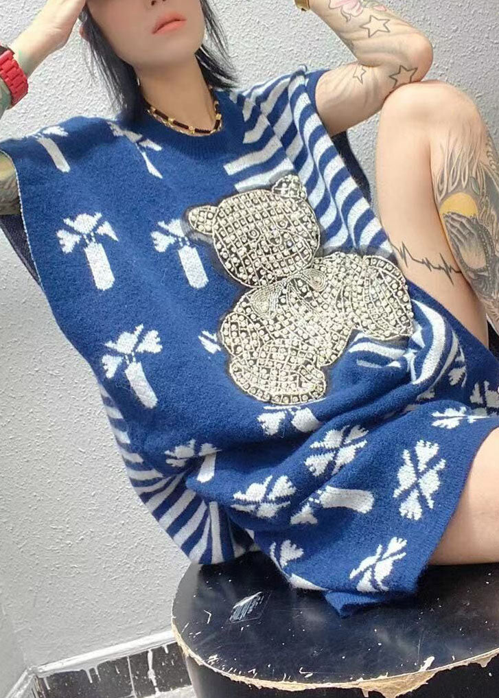 Stylish Blue O-neck Nail Bead Striped Fall Two Pieces Set