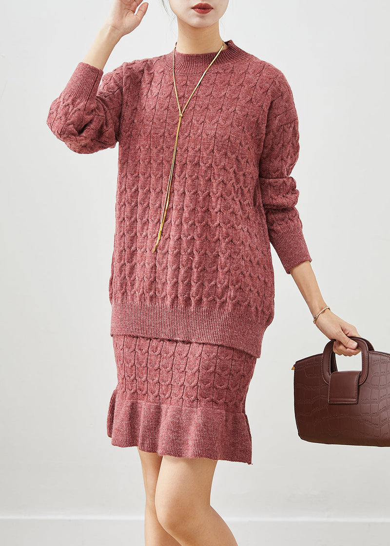 Brick Red Ruffles Knit Two Pieces Set Fall
