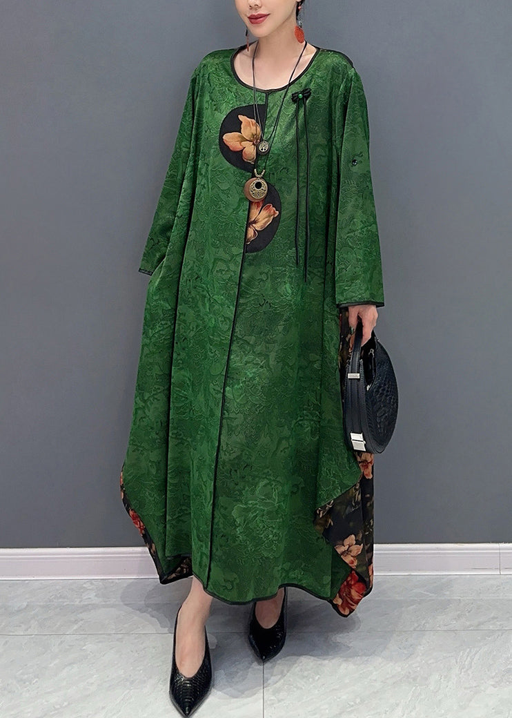 Chinese Style Red O-neck Patchwork Holiday Silk Long Dress Long Sleeve