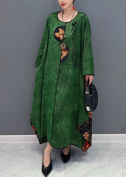 Chinese Style Red O-neck Patchwork Holiday Silk Long Dress Long Sleeve