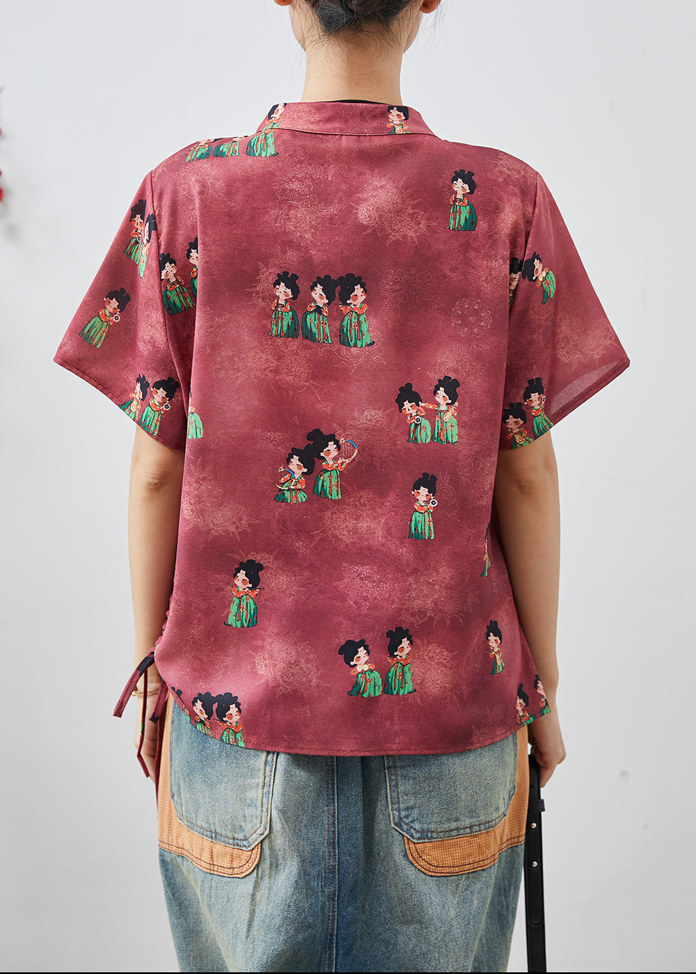 Dull Red Print Chinese Button Silk Shirt Summer